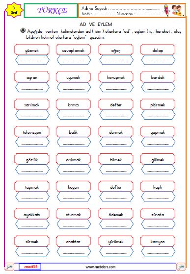 3. Sınıf Türkçe Ad ve Eylem Etkinliği